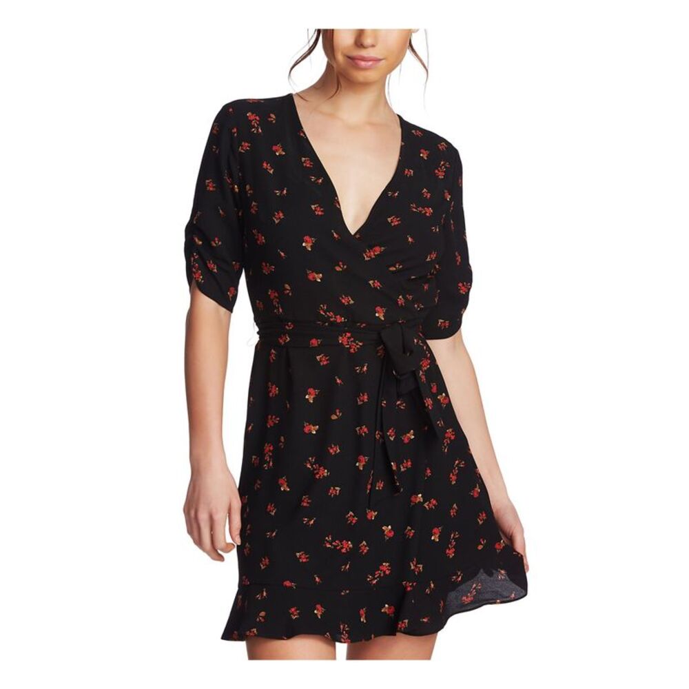 1. STATE Womens Black Short Sleeve Mini Wrap Dress Cocktail Dress 0